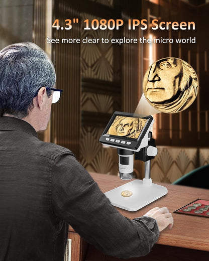 AOPICK Coin Microscope, 4.3 Inch Digital Microscope 1000X Coin Microscope for Error Coins with 8 Adjustable LED Lights, PC View Compatible with Windows & MacOS