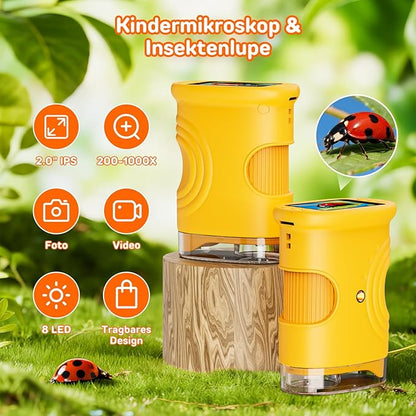 Mikroskop für Kinder, 1080P HD 2.0" Bildschirm Taschenmikroskop, Ashfly Handy Digital Microscope LED Lights -Anschluss an PC, Mini-Mikroskop draussen Geschenke für 4-12 Jährige Orange