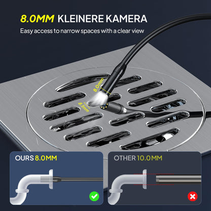 Endoskopkamera mit Licht 15m/50ft, Qimic Endoskop-Kamera Handy 8mm IP67 Inspektionskamera, 4.3" HD Rohrkamera mit 8 LEDs, wasserdichte Kanalkamera für Tools 15m